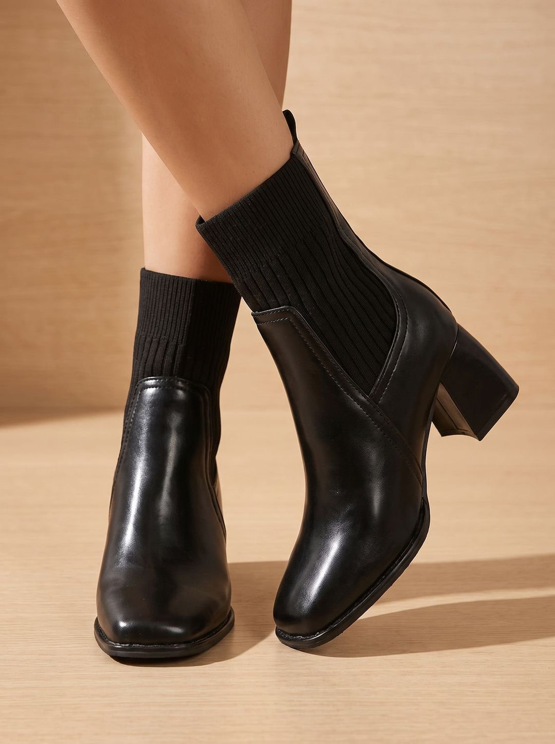 Women's Knit-Shaft Block-Heel Slip-On Ankle Boots - Black