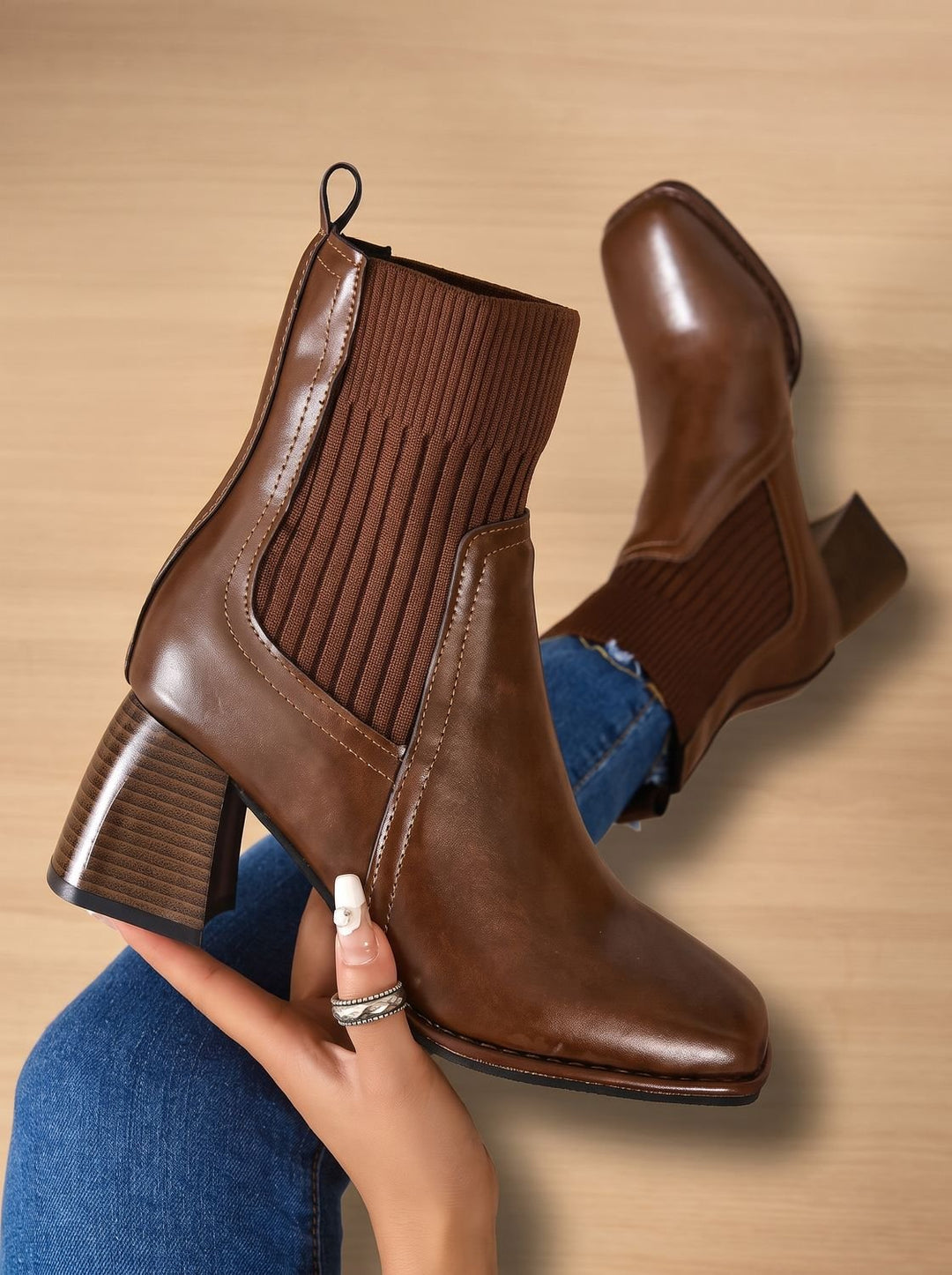 Women's Knit-Shaft Block-Heel Slip-On Ankle Boots - Brown