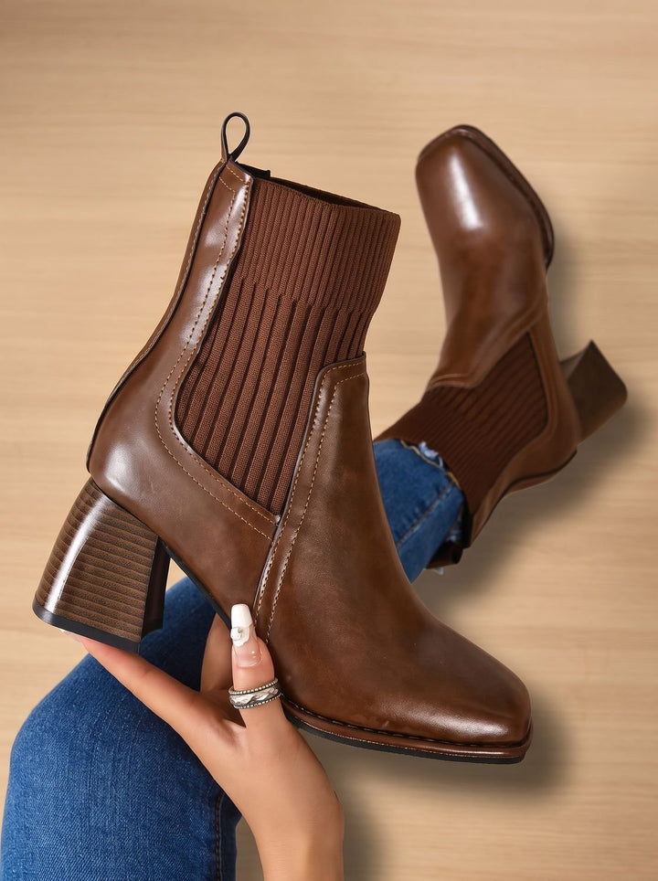 Women's Knit-Shaft Block-Heel Slip-On Ankle Boots - Brown
