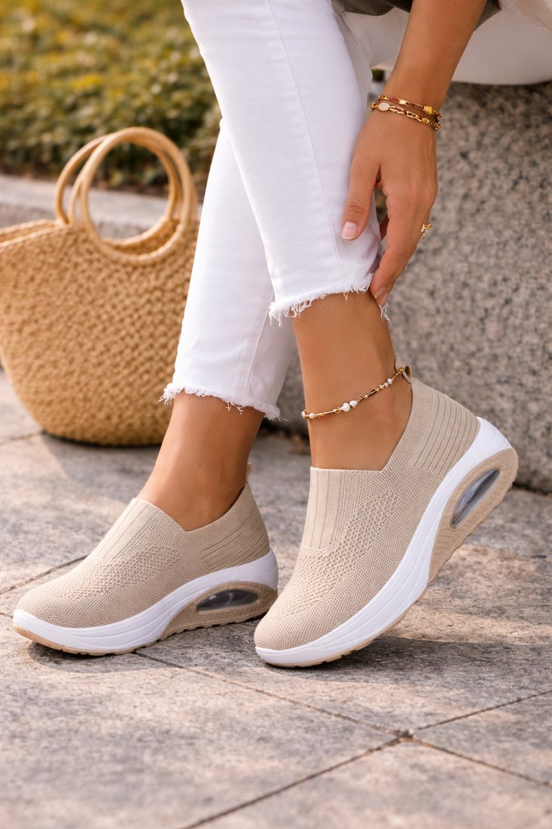 Women's Knit Slip-On Air-Cushion Walking Sneaker Boots - Beige