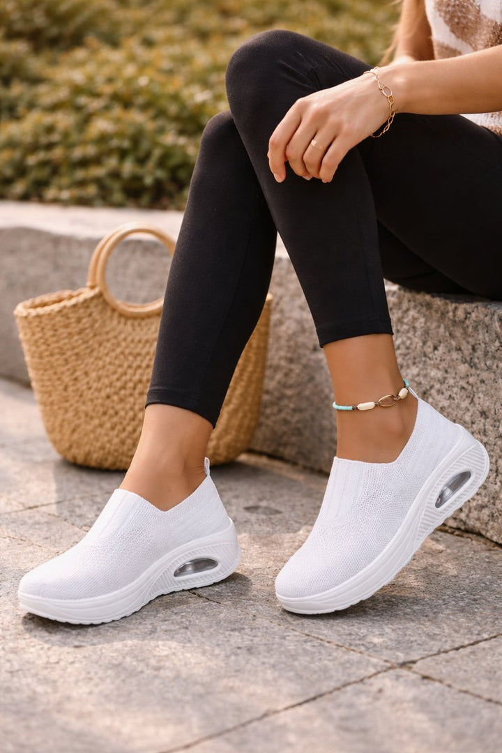 Women's Knit Slip-On Air-Cushion Walking Sneaker Boots - White
