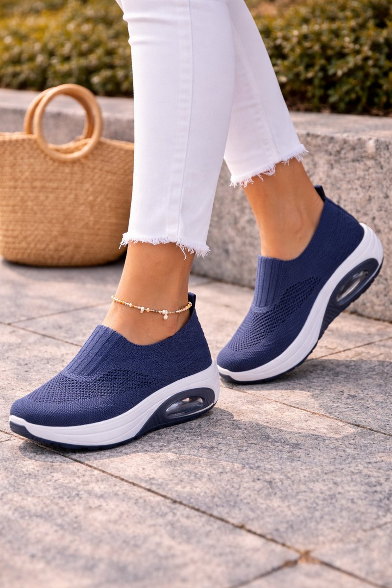 Women's Knit Slip-On Air-Cushion Walking Sneaker Boots - Navy
