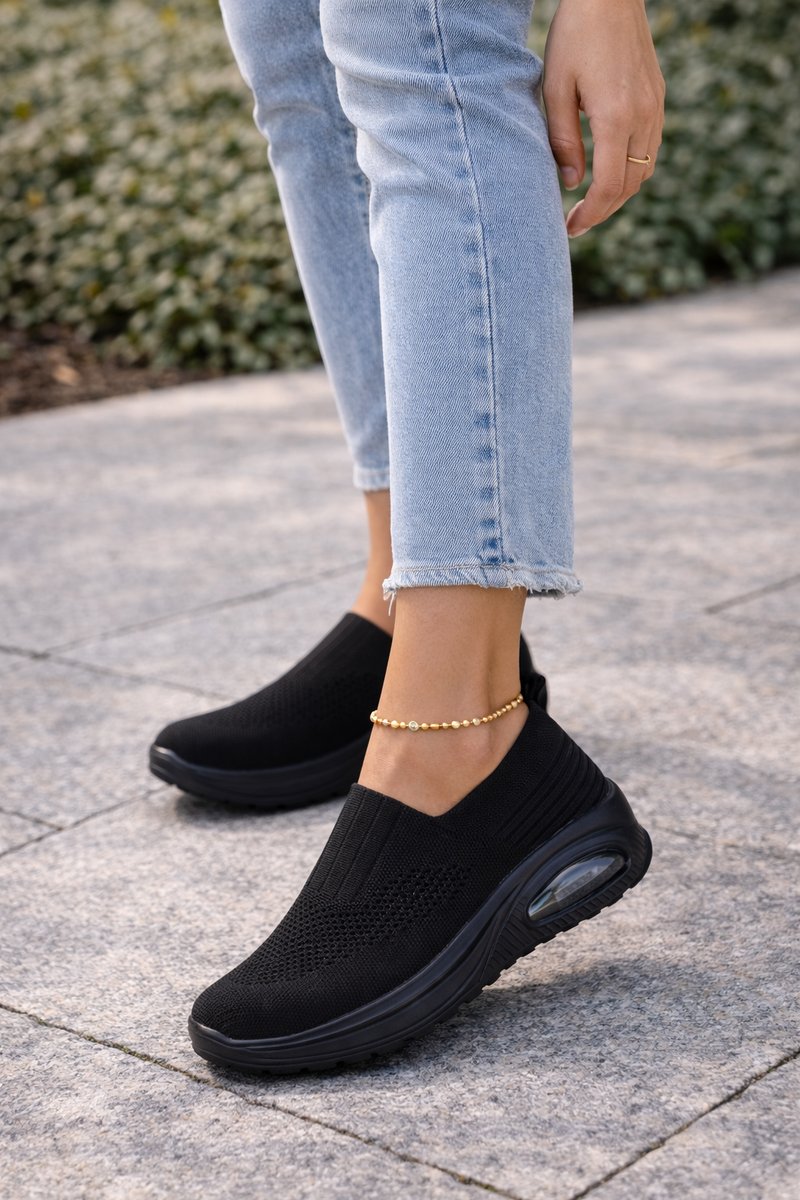 Women's Knit Slip-On Air-Cushion Walking Sneaker Boots - Black