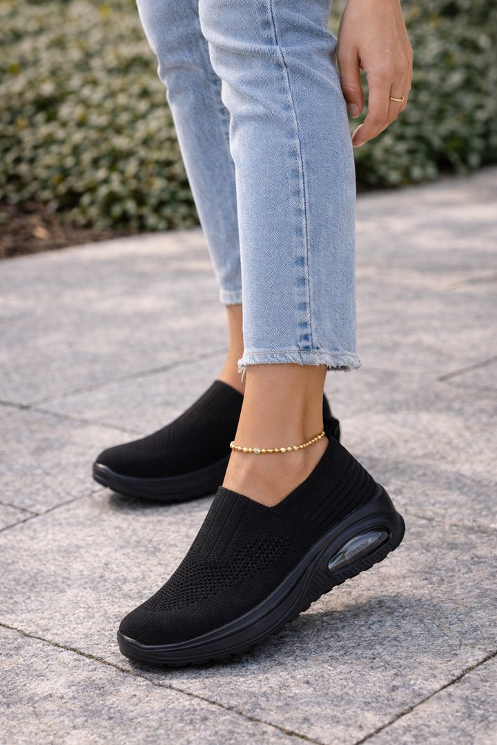 Women's Knit Slip-On Air-Cushion Walking Sneaker Boots - Black