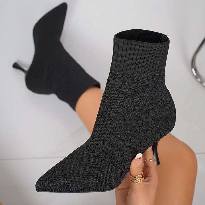 Women's Knit Sock-Style Pointed-Toe Stiletto Ankle Boots - Black
