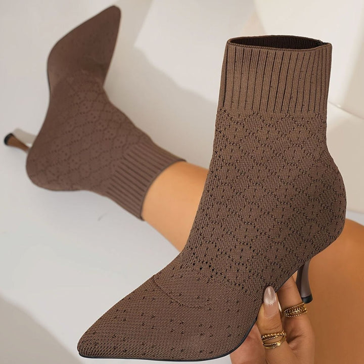 Women's Knit Sock-Style Pointed-Toe Stiletto Ankle Boots - Dark Brown