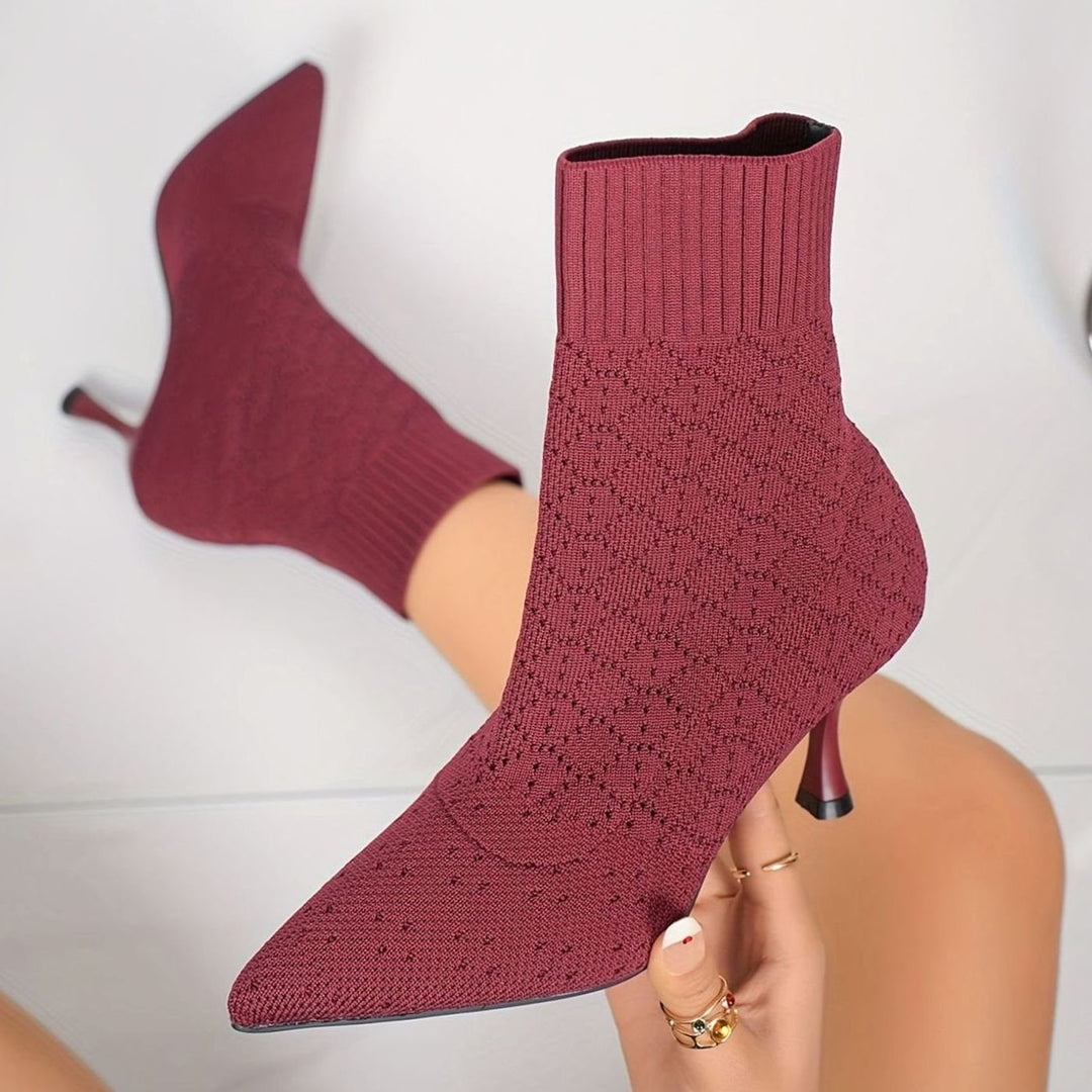 Women's Knit Sock-Style Pointed-Toe Stiletto Ankle Boots - Burgundy