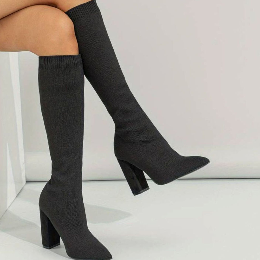 Women's Knitted Knee-High Sock Boots Block Heel Pointed Toe - Black