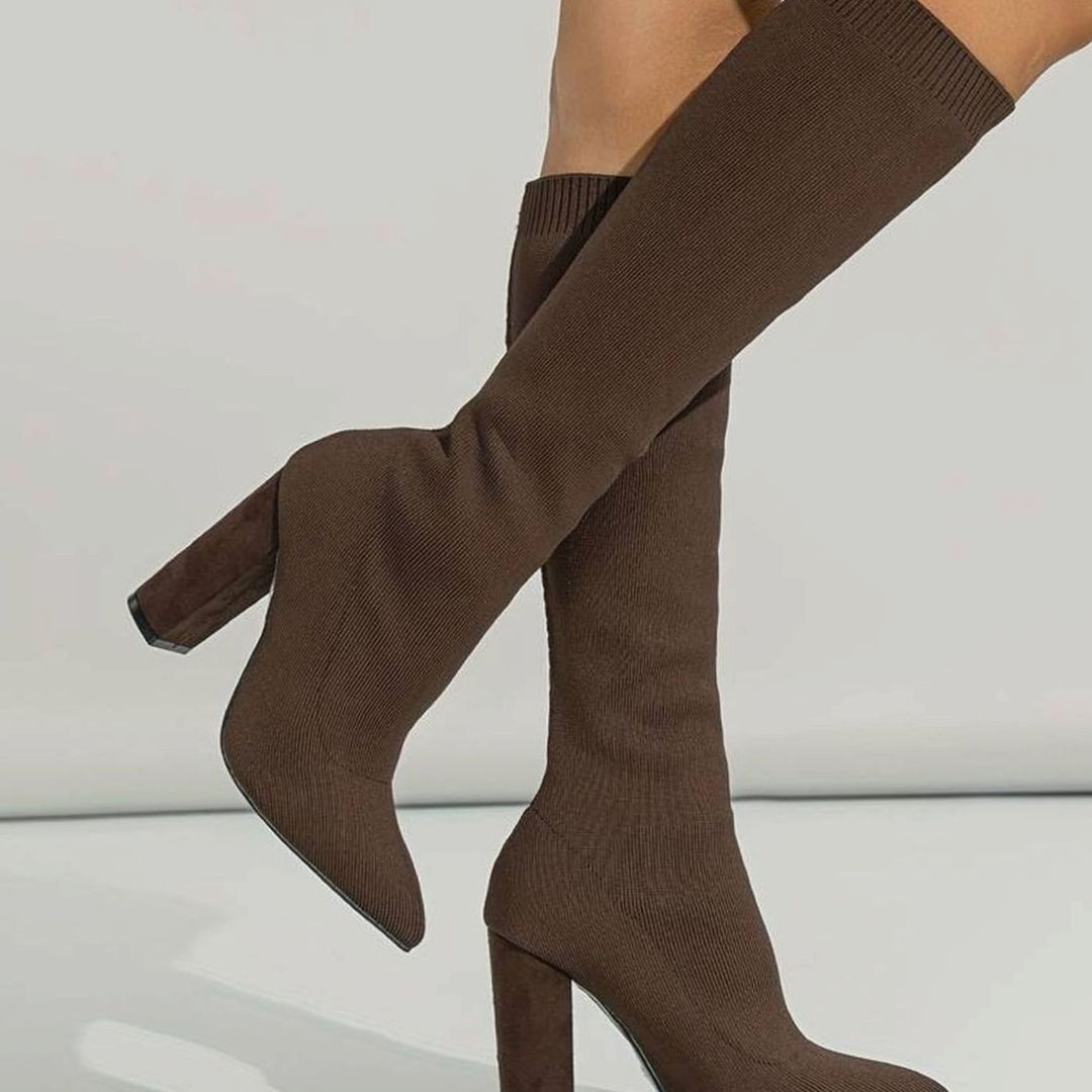 Women's Knitted Knee-High Sock Boots Block Heel Pointed Toe