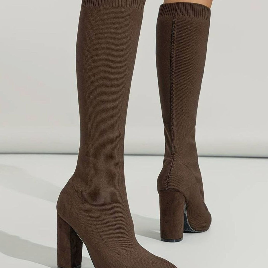 Women's Knitted Knee-High Sock Boots Block Heel Pointed Toe