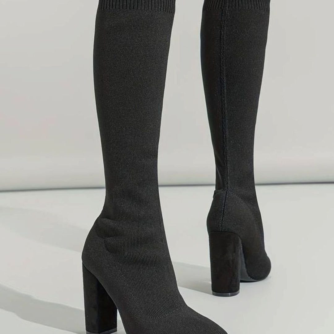 Women's Knitted Knee-High Sock Boots Block Heel Pointed Toe