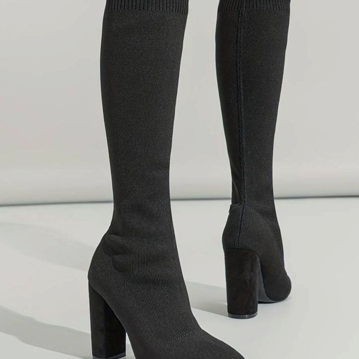 Women's Knitted Knee-High Sock Boots Block Heel Pointed Toe