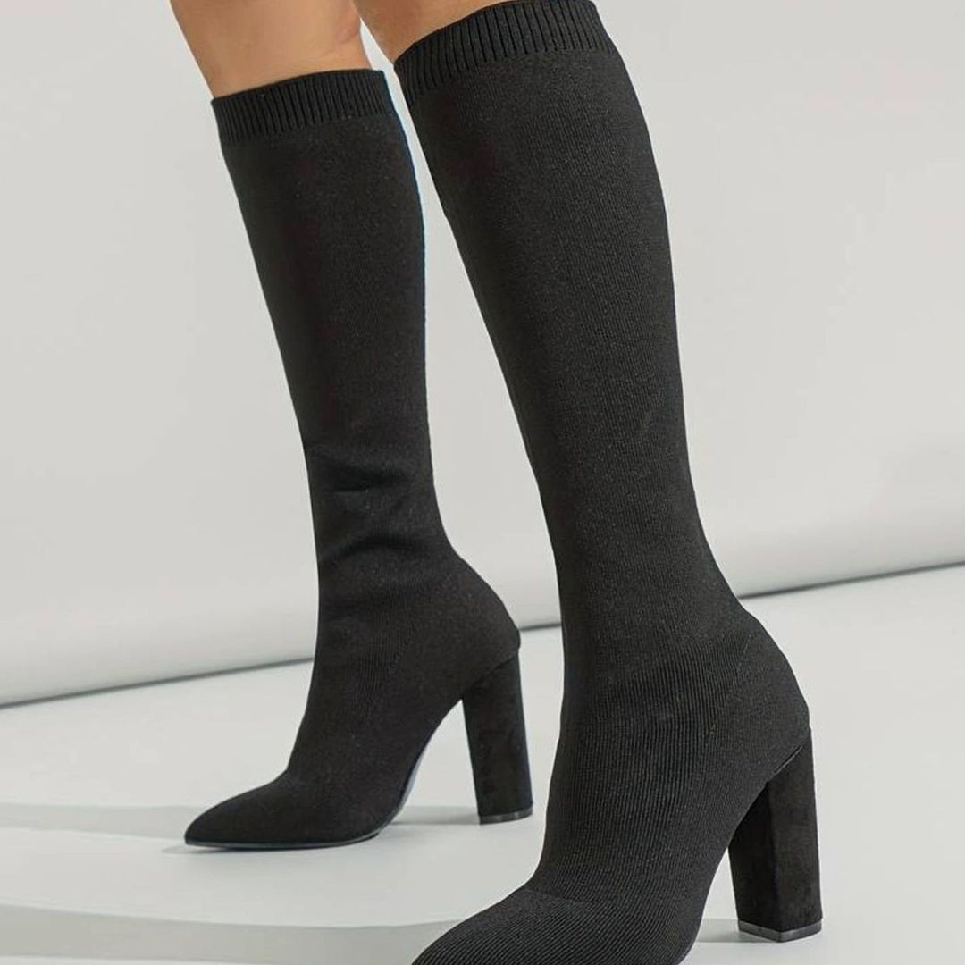 Women's Knitted Knee-High Sock Boots Block Heel Pointed Toe