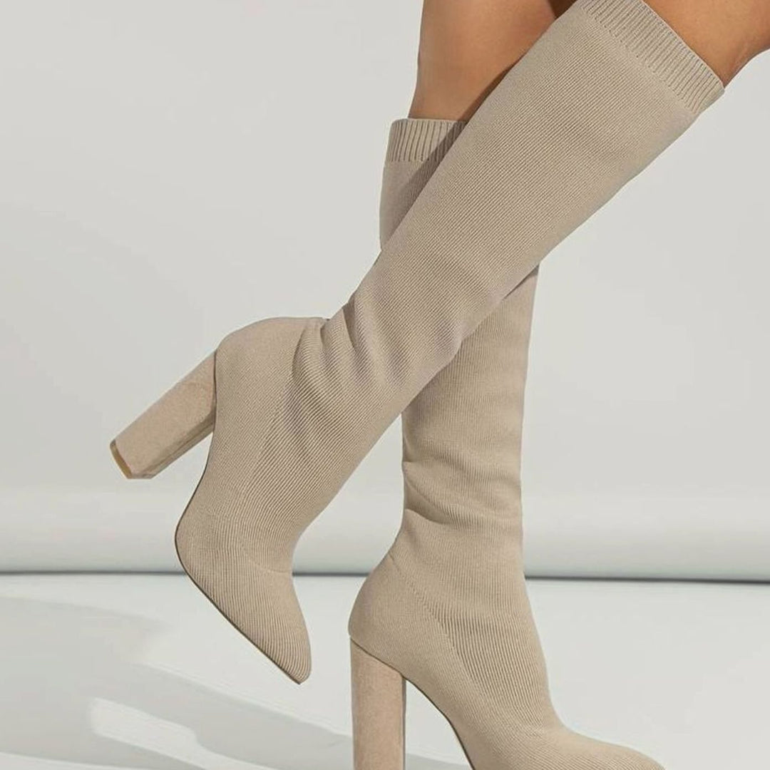 Women's Knitted Knee-High Sock Boots Block Heel Pointed Toe