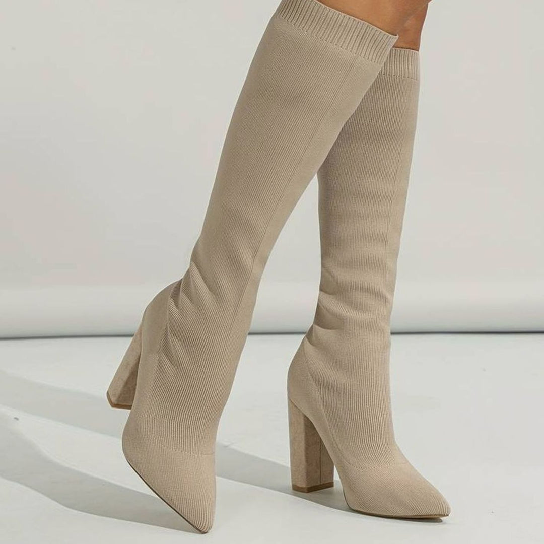 Women's Knitted Knee-High Sock Boots Block Heel Pointed Toe