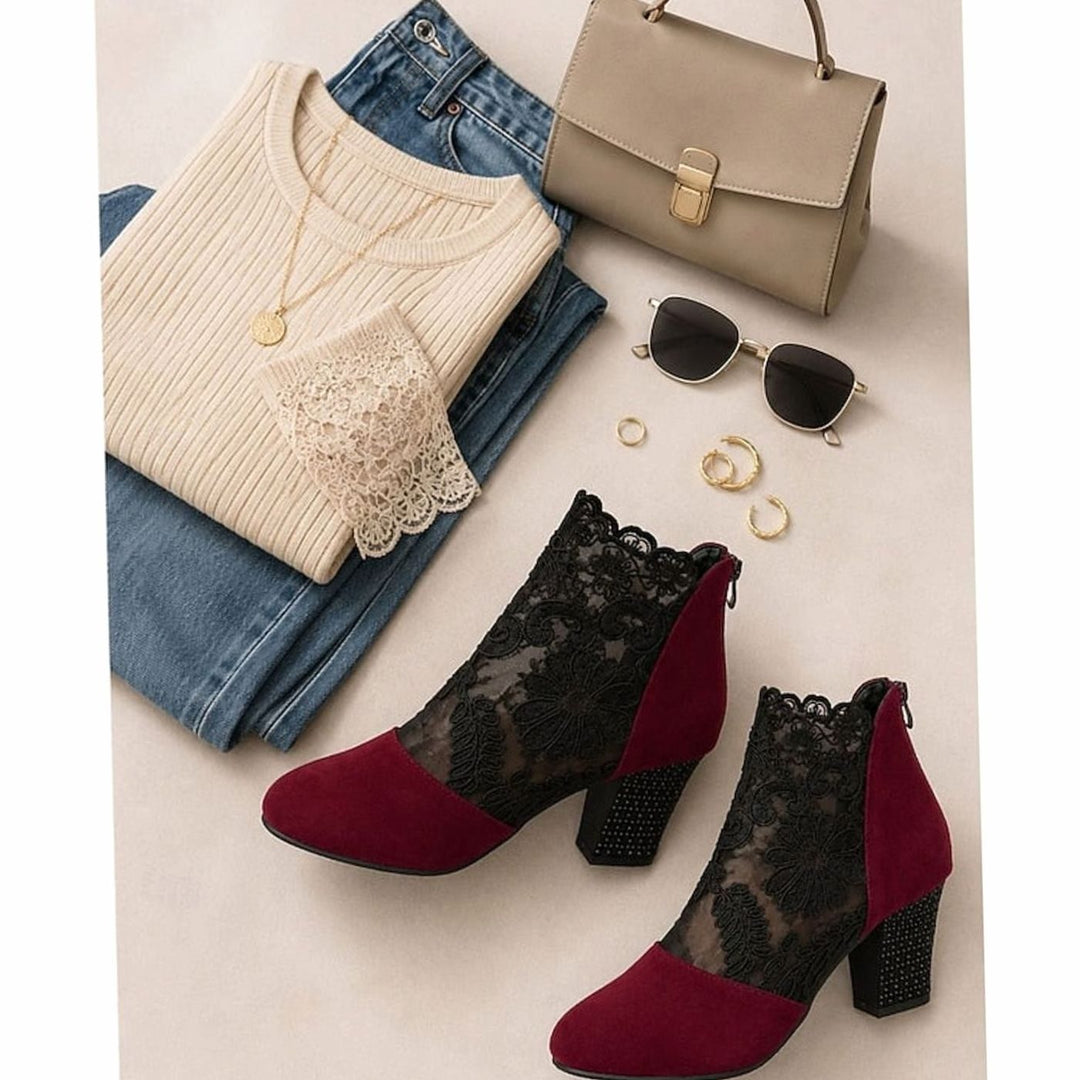 Women's Lace-Accent Block Heel Ankle Booties