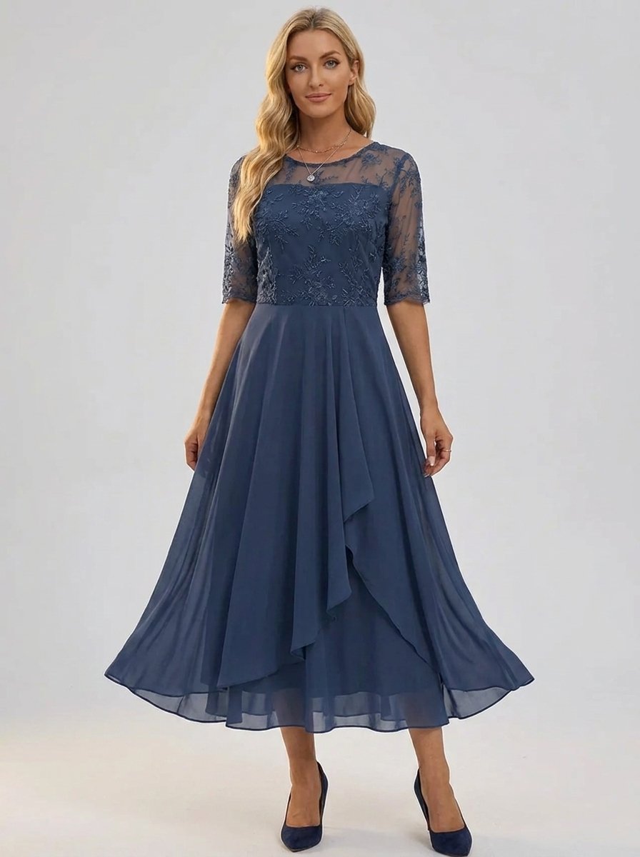 Women's Lace Bodice Chiffon Midi Cocktail Party Dress