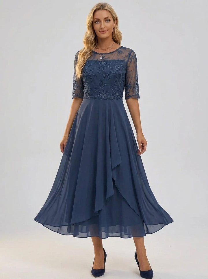 Women's Lace Bodice Chiffon Midi Cocktail Party Dress