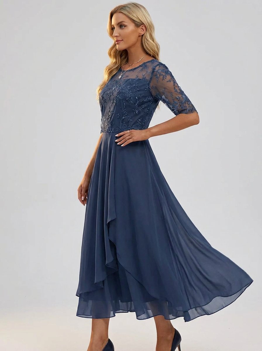Women's Lace Bodice Chiffon Midi Cocktail Party Dress