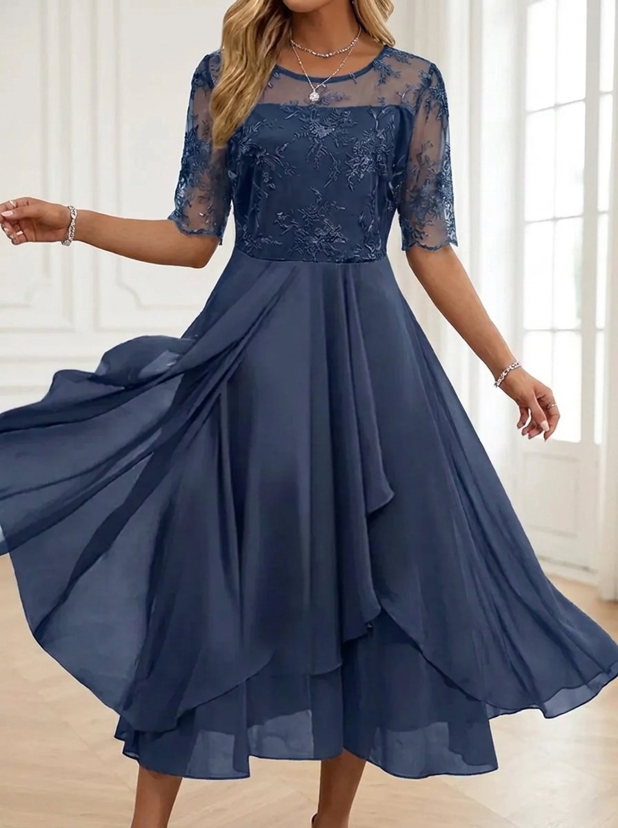 Women's Lace Bodice Chiffon Midi Cocktail Party Dress