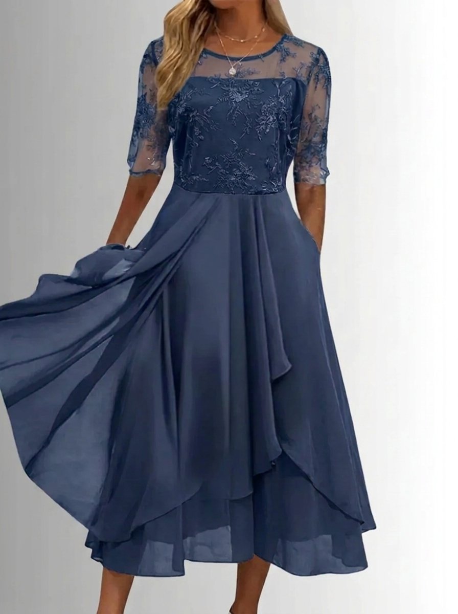 Women's Lace Bodice Chiffon Midi Cocktail Party Dress - Blue
