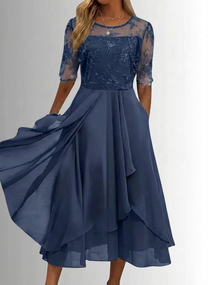 Women's Lace Bodice Chiffon Midi Cocktail Party Dress - Blue