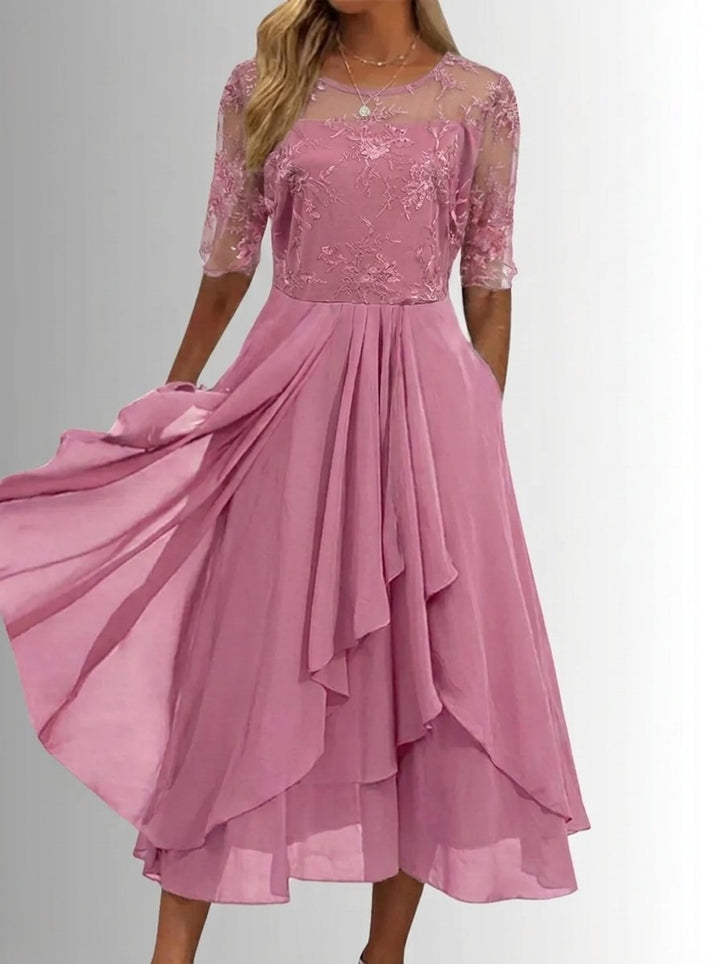 Women's Lace Bodice Chiffon Midi Cocktail Party Dress - Pink