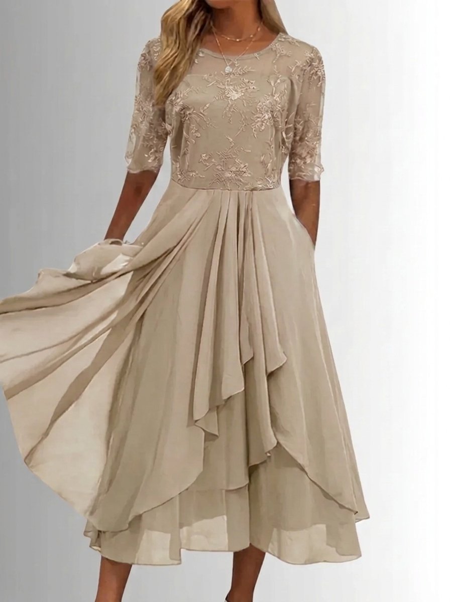 Women's Lace Bodice Chiffon Midi Cocktail Party Dress - White
