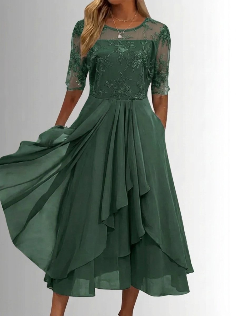 Women's Lace Bodice Chiffon Midi Cocktail Party Dress - Green