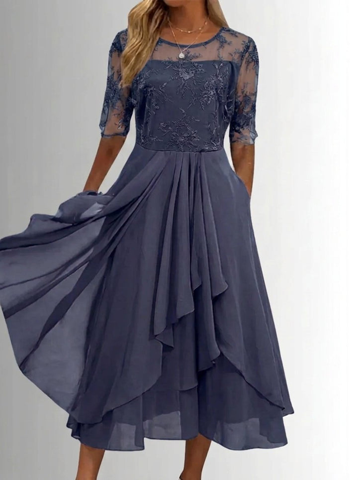 Women's Lace Bodice Chiffon Midi Cocktail Party Dress - Purple