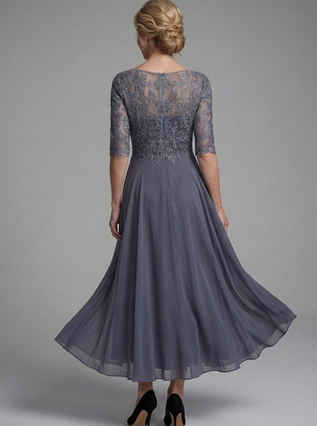 Women's Lace Bodice Sheer Three-Quarter Sleeve Midi Dress