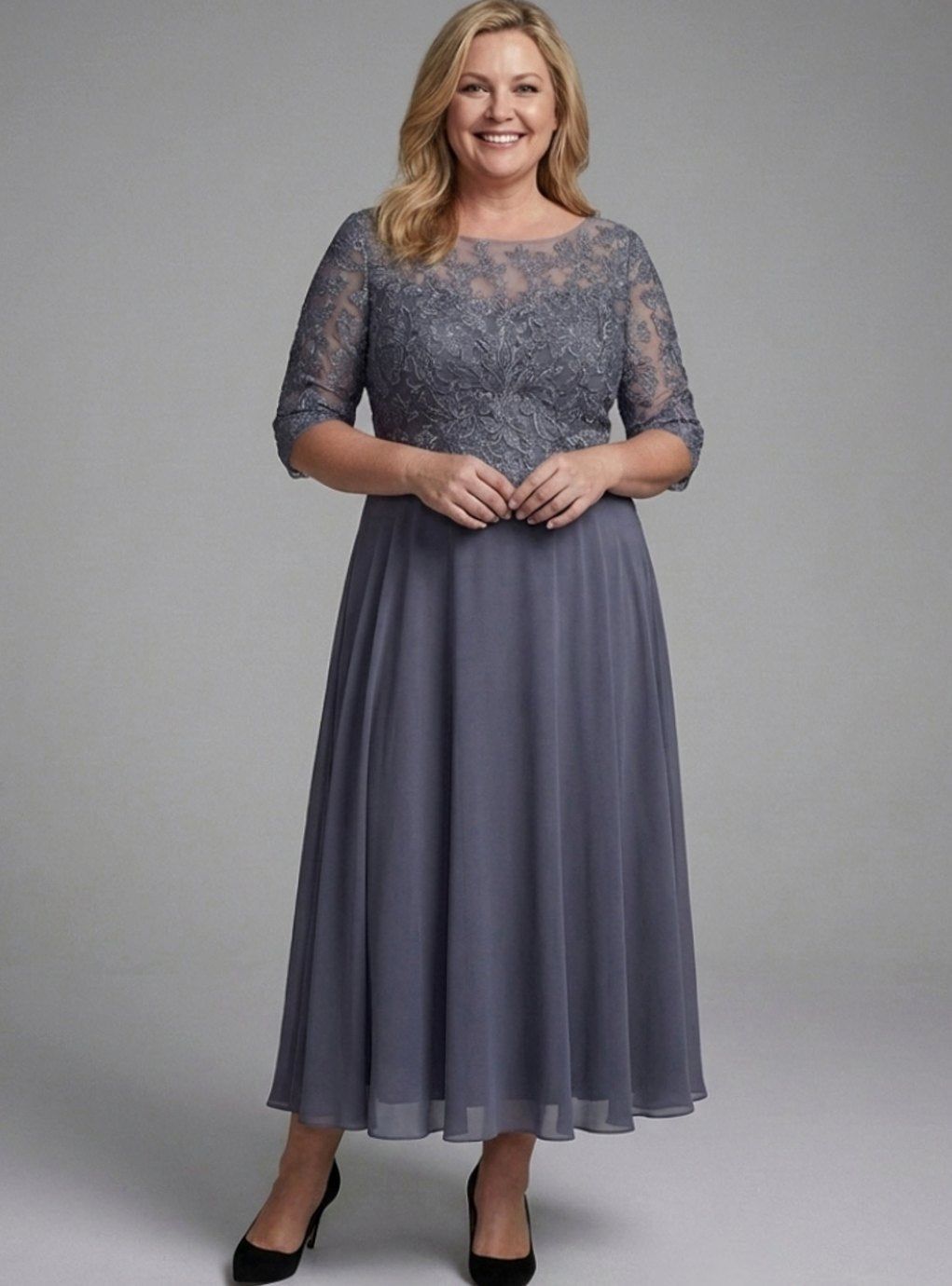 Women's Lace Bodice Sheer Three-Quarter Sleeve Midi Dress