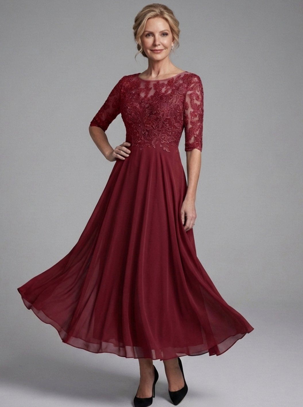 Women's Lace Bodice Sheer Three-Quarter Sleeve Midi Dress - Burgundy