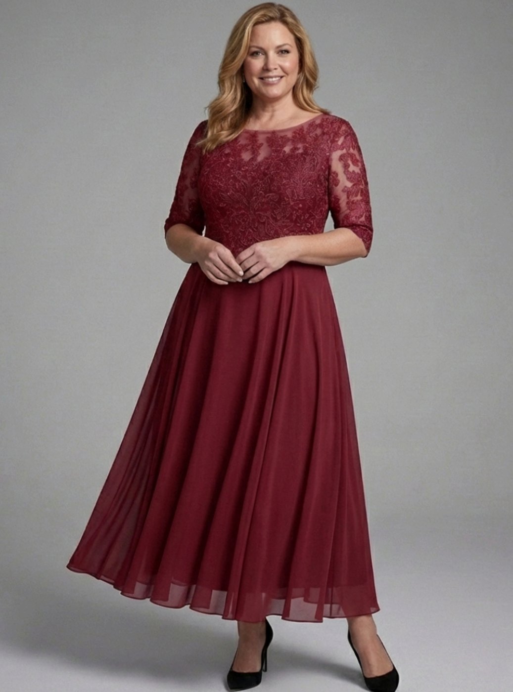 Women's Lace Bodice Sheer Three-Quarter Sleeve Midi Dress