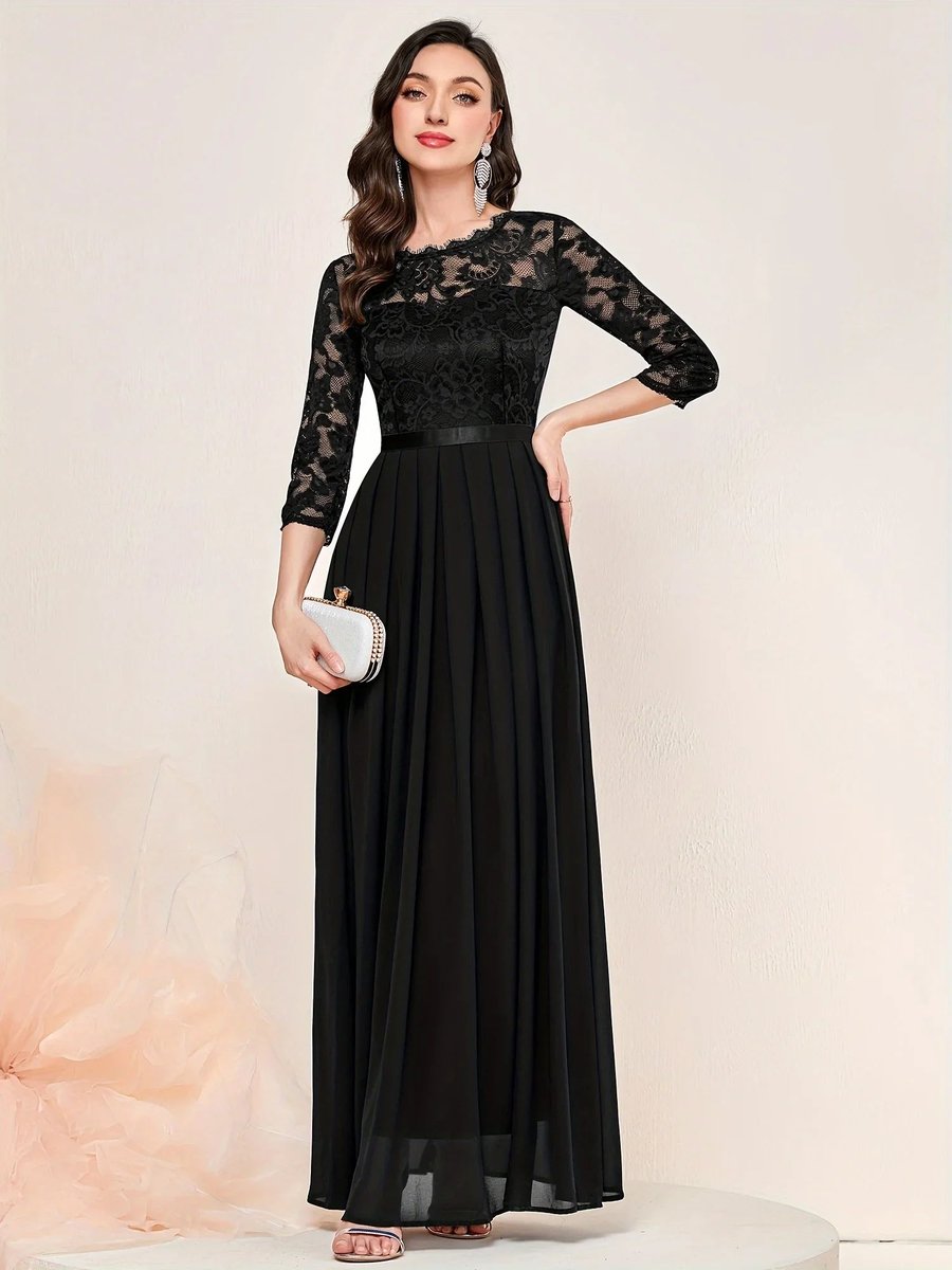Women's Lace Bodice Three-Quarter Sleeve Maxi Formal Dresses - Black