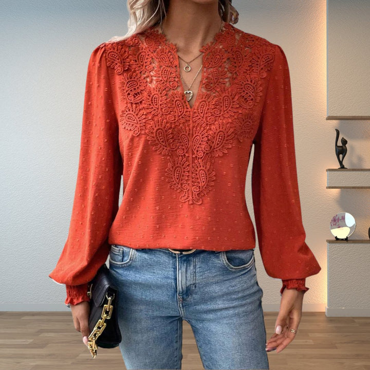 Women's Lace-Bodice V-Neck Smocked-Cuff Long-Sleeve Blouse - Terracotta