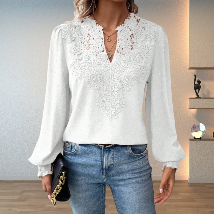 Women's Lace-Bodice V-Neck Smocked-Cuff Long-Sleeve Blouse - White