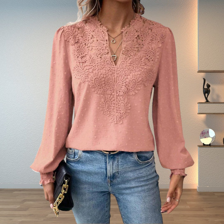Women's Lace-Bodice V-Neck Smocked-Cuff Long-Sleeve Blouse - Pink