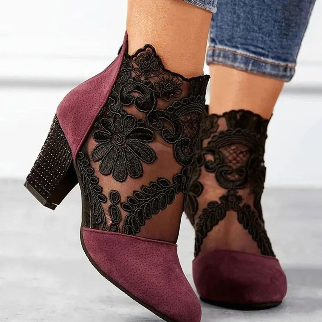 Women's Lace Embroidered Block-Heel Ankle Boots Heels - Red