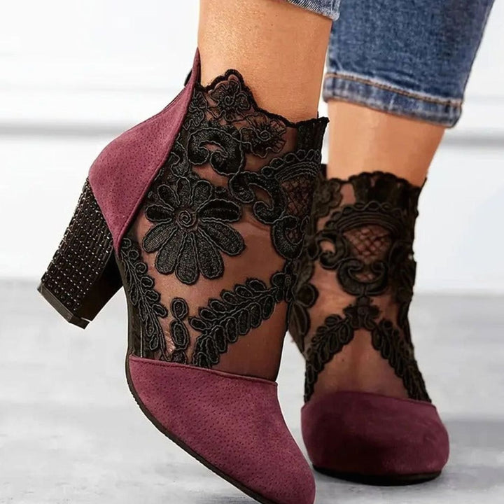 Women's Lace Embroidered Block-Heel Ankle Boots Heels - Red