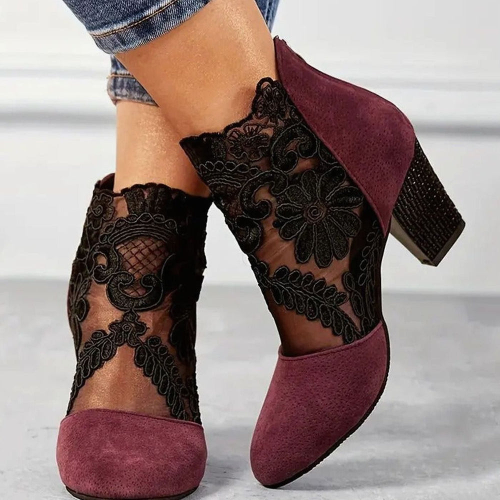 Women's Lace Embroidered Block-Heel Ankle Boots Heels