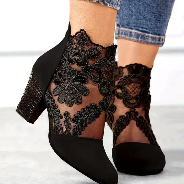 Women's Lace Embroidered Block-Heel Ankle Boots Heels - Black