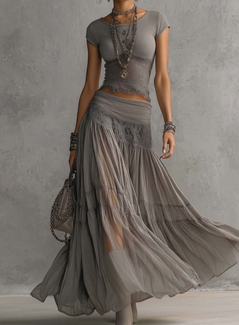 Women's Lace-Panel Chiffon Maxi Skirt Two Piece Set - Grey
