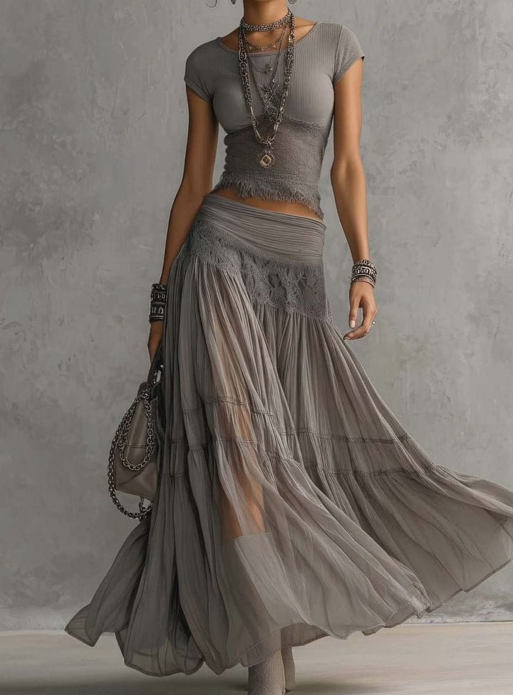 Women's Lace-Panel Chiffon Maxi Skirt Two Piece Set - Grey