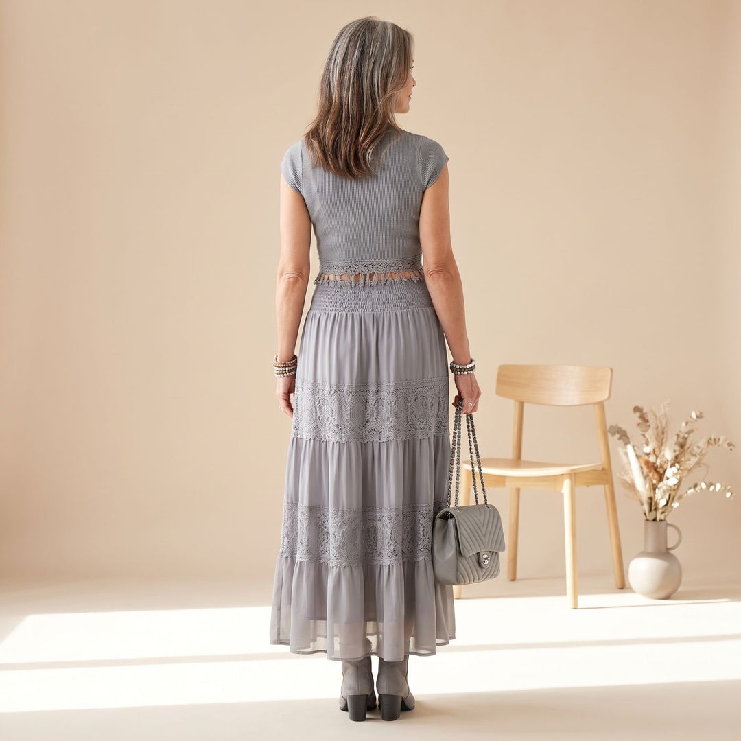 Women's Lace-Panel Chiffon Maxi Skirt Two Piece Set