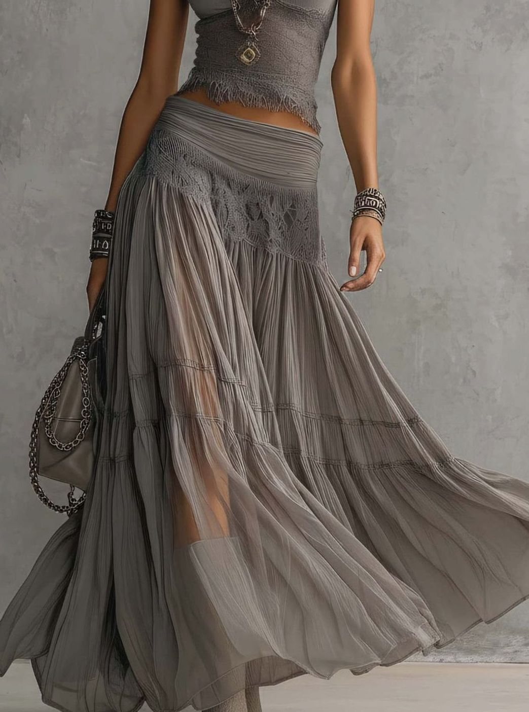 Women's Lace-Panel Chiffon Maxi Skirt Two Piece Set