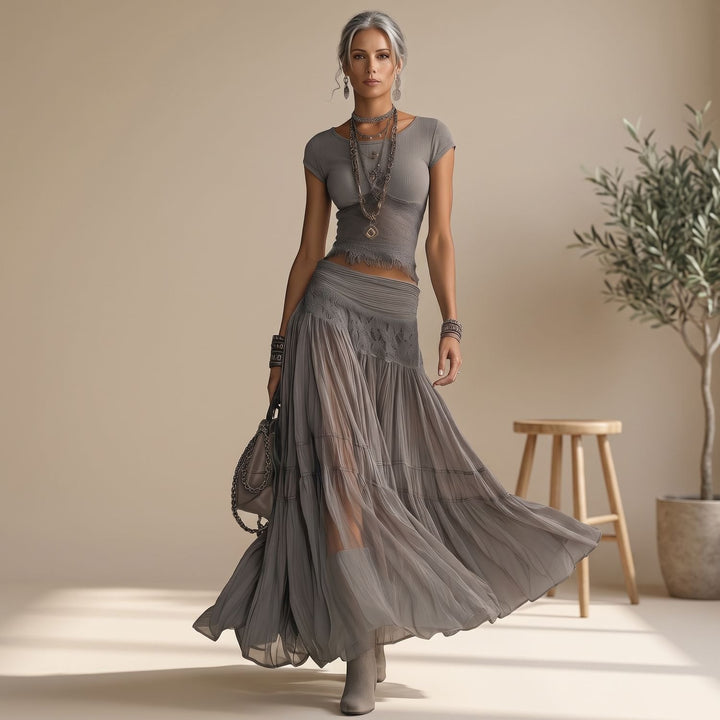 Women's Lace-Paneled Crop Top Pleated Chiffon Maxi Skirt Two Piece Set - Gray
