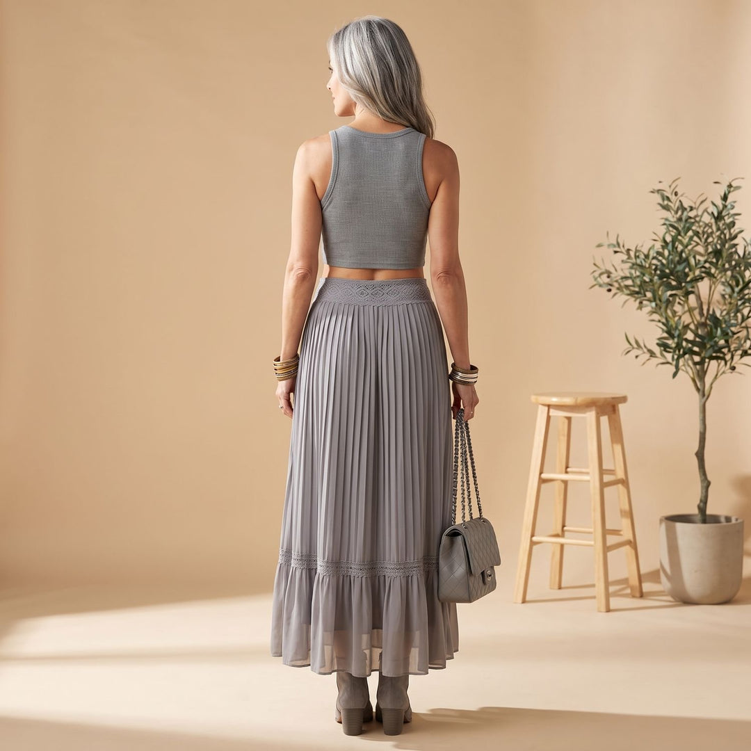 Women's Lace-Paneled Crop Top Pleated Chiffon Maxi Skirt Two Piece Set