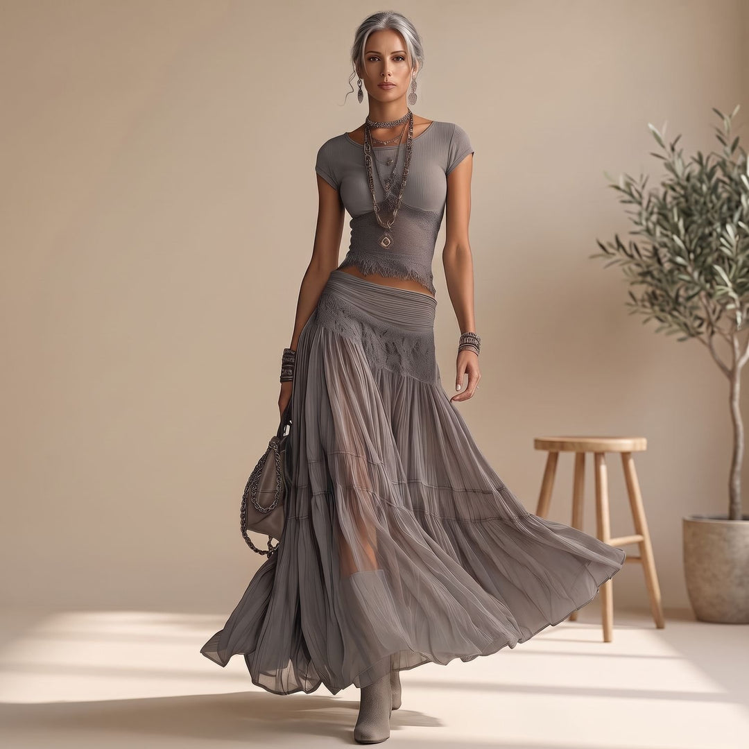 Women's Lace-Paneled Crop Top Pleated Chiffon Maxi Skirt Two Piece Set