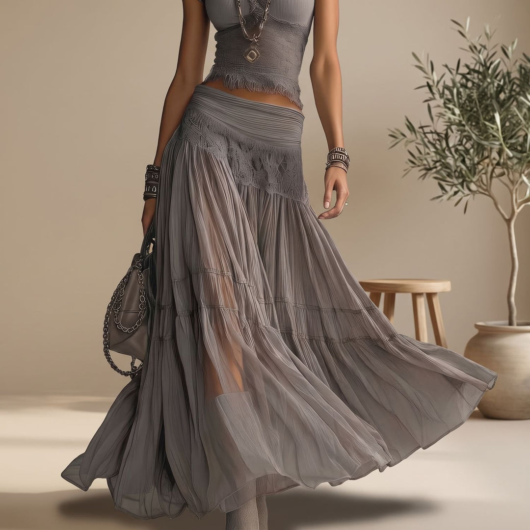 Women's Lace-Paneled Crop Top Pleated Chiffon Maxi Skirt Two Piece Set